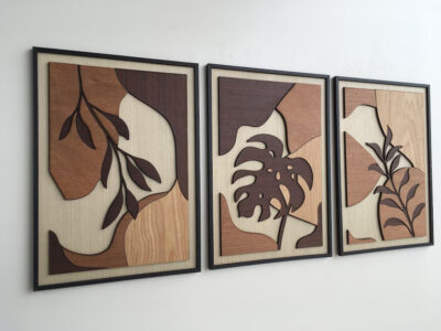 Wooden wall art, tropical leaves, abstract