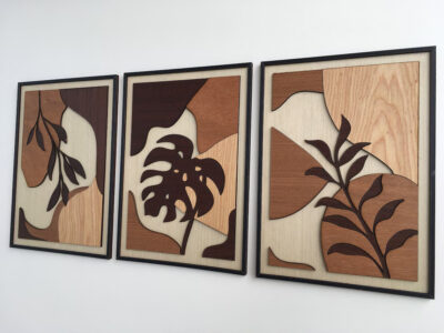 Wooden wall art, tropical leaves, abstract
